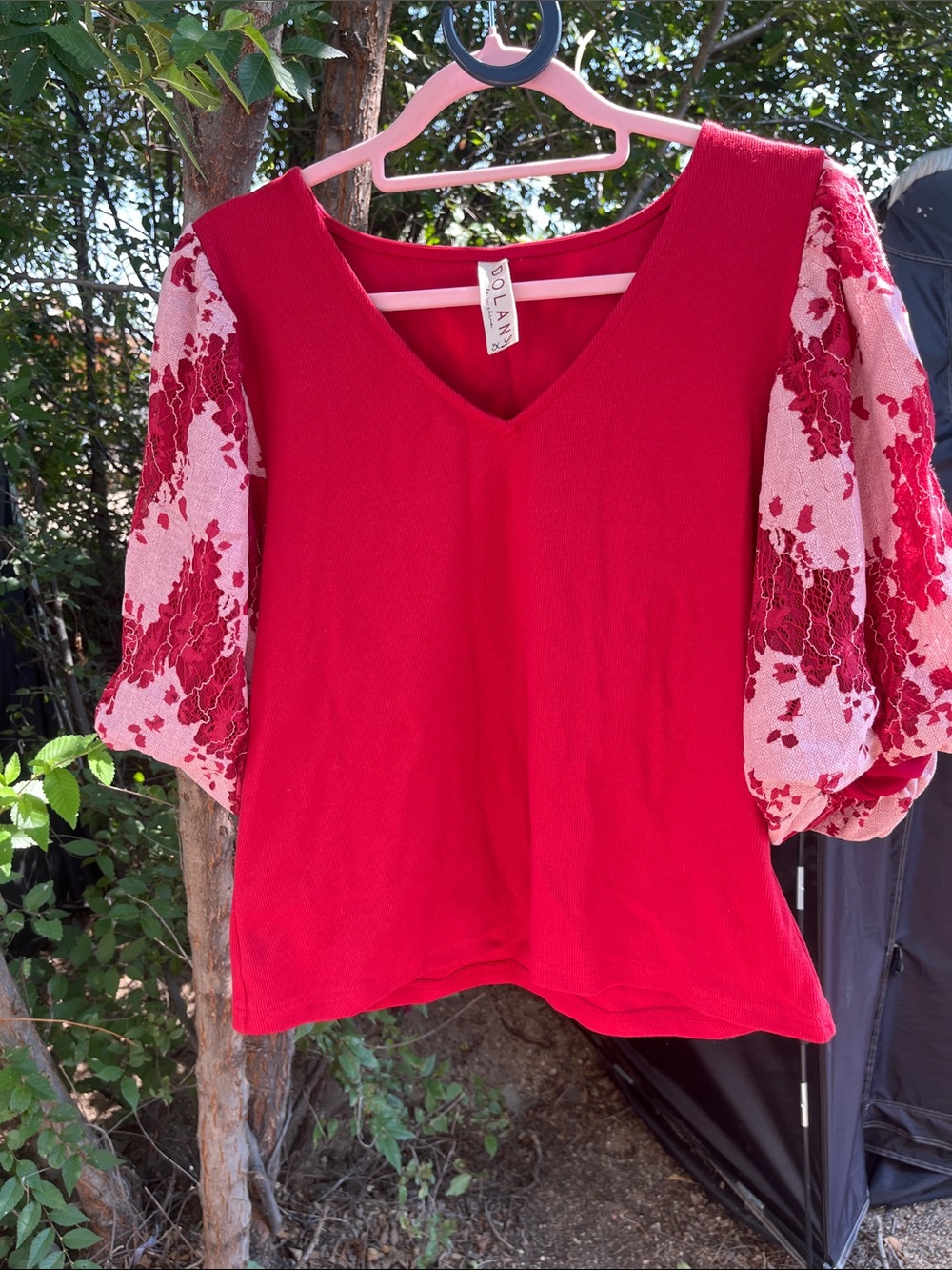dolan Red V-Neck Top with Floral Lace Puff Sleeves